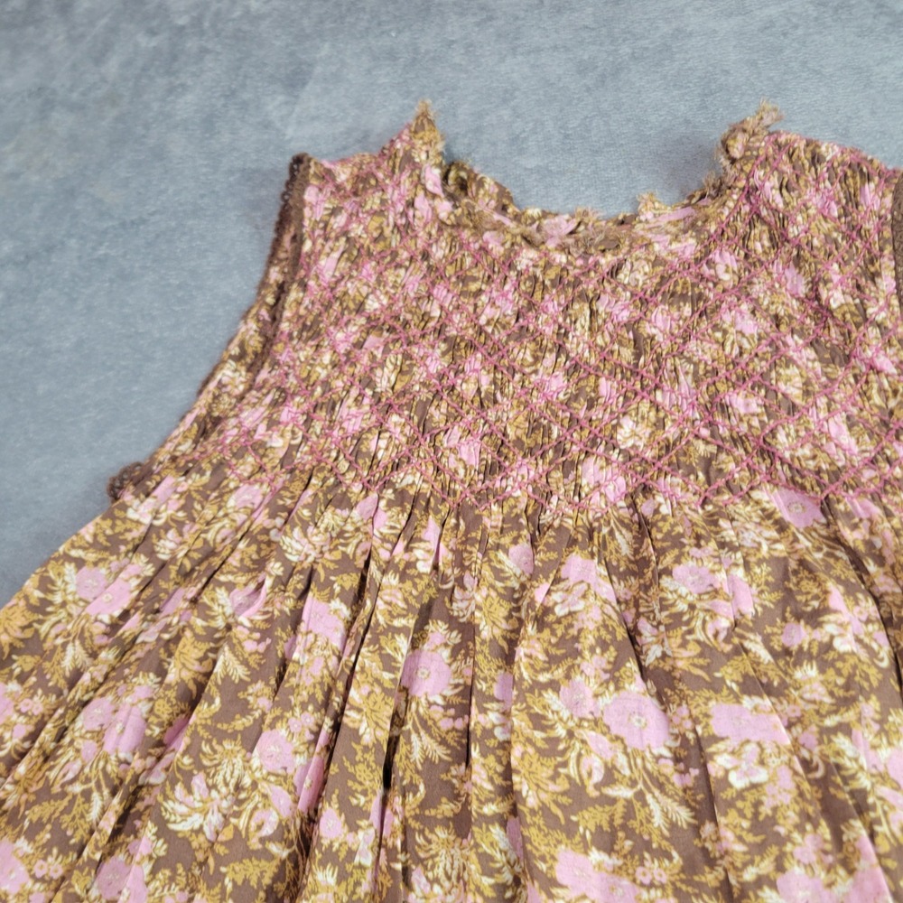 Free People Tunic Women Large Brown Pink Floral Smock Lace Trim Boho Mini Dress - Picture 12 of 13